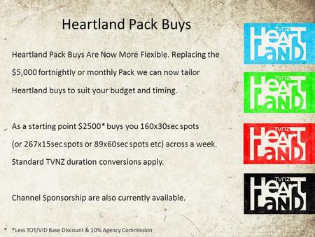 Heartland Pack Buys Heartland Pack Buys Are Now More Flexible. Replacing the $5,000 fortnightly or monthly Pack we can now tailor Heartland buys to suit.