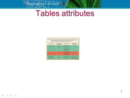 1 Tables attributes. 2 Table attributes: border Activates border around cells Syntax: – where “n” is a value in pixels which controls the “thickness”
