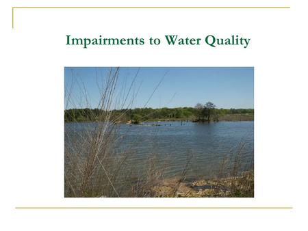 Impairments to Water Quality. Module Topics What is Water Quality? What are Pollutants? Types of Water  Stormwater  Wastewater  Process water.