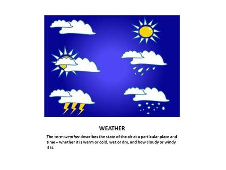 WEATHER The term weather describes the state of the air at a particular place and time – whether it is warm or cold, wet or dry, and how cloudy or windy.