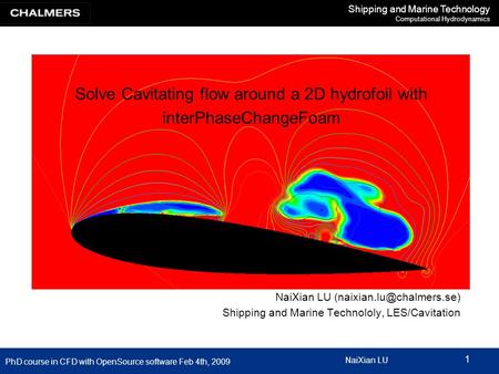 Shipping and Marine Technology Computational Hydrodynamics PhD course in CFD with OpenSource software Feb 4th, 2009 NaiXian LU 1 Solve Cavitating flow.