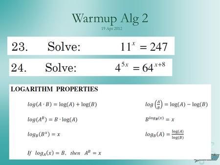 Warmup Alg 2 19 Apr 2012. Agenda Don't forget about resources on mrwaddell.net Section 9.2: Parabolas again! Non-Zero Vertex Completing the Square with.