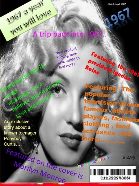 $ 2.99 Featured on the cover is Marilyn Monroe A trip back into 1967.. Featuring the top 10 songs including…I’m a believer and to sir with Love and more!!!