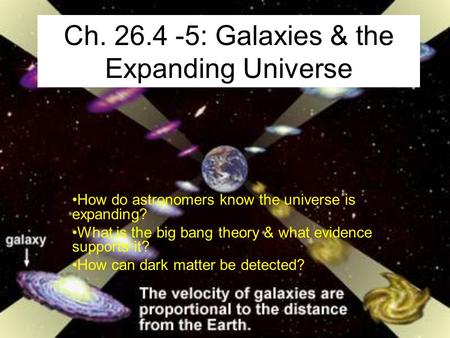 Ch. 26.4 -5: Galaxies & the Expanding Universe How do astronomers know the universe is expanding? What is the big bang theory & what evidence supports.