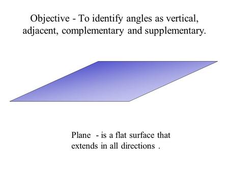 - is a flat surface that extends in all directions. Objective - To identify angles as vertical, adjacent, complementary and supplementary. Plane.
