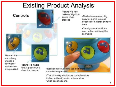 1 Existing Product Analysis Controls The buttons are very big, easy for a child to press because of the large surface area Clearly spaced out from each.
