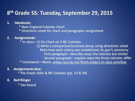 8 th Grade SS: Tuesday, September 29, 2015 1.Handouts: * New England Colonies Chart * Directions sheet for chart and paragraphs assignment 2.Assignments:
