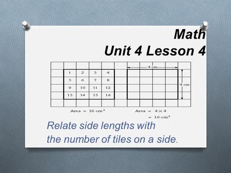 Relate side lengths with the number of tiles on a side.