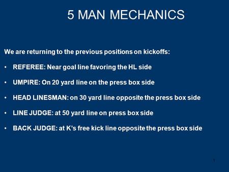 5 MAN MECHANICS We are returning to the previous positions on kickoffs: REFEREE: Near goal line favoring the HL side UMPIRE: On 20 yard line on the press.