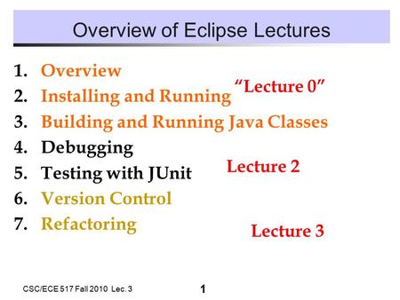 1 CSC/ECE 517 Fall 2010 Lec. 3 Overview of Eclipse Lectures Lecture 2 “Lecture 0” Lecture 3 1.Overview 2.Installing and Running 3.Building and Running.