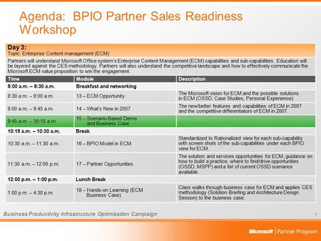 Business Productivity Infrastructure Optimization Campaign 1 Agenda: BPIO Partner Sales Readiness Workshop Day 3: Topic: Enterprise Content management.