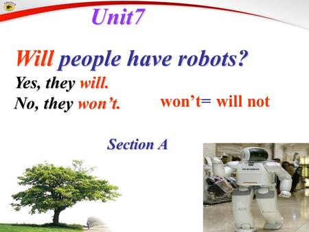 Unit7 Unit7 Will people have robots? Will people have robots? Section A Section A won’t= will not Yes, they will. No, they won’t.
