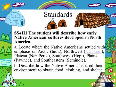 Standards SS4H1 The student will describe how early Native American cultures developed in North America. a. Locate where the Native Americans settled with.