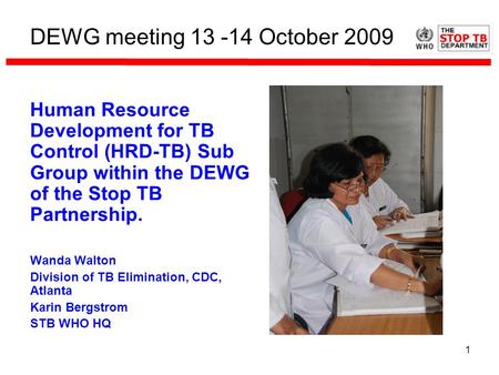 1 DEWG meeting 13 -14 October 2009 Human Resource Development for TB Control (HRD-TB) Sub Group within the DEWG of the Stop TB Partnership. Wanda Walton.