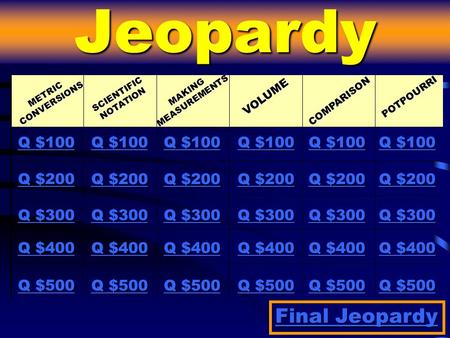 Jeopardy Final Jeopardy Final Jeopardy METRIC CONVERSIONS SCIENTIFIC NOTATION MAKING MEASUREMENTS VOLUME COMPARISON Q $100 Q $100 Q $200 Q $200 Q $300.