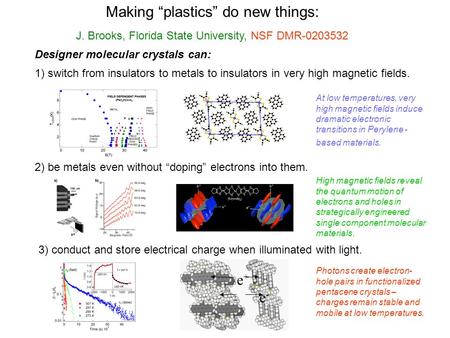 J. Brooks, Florida State University, NSF DMR-0203532 Making “plastics” do new things: Designer molecular crystals can: 2) be metals even without “doping”