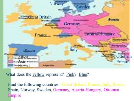 What does the yellow represent? Pink? Blue? Allied Axis Neutral Great Britain France Spain Austria-Hungary Russia Germany Norway Sweden Ottoman Empire.