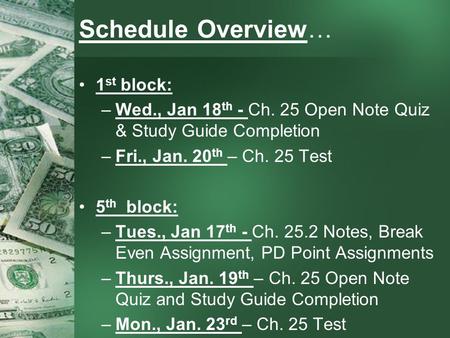 Schedule Overview… 1 st block: –Wed., Jan 18 th - Ch. 25 Open Note Quiz & Study Guide Completion –Fri., Jan. 20 th – Ch. 25 Test 5 th block: –Tues., Jan.