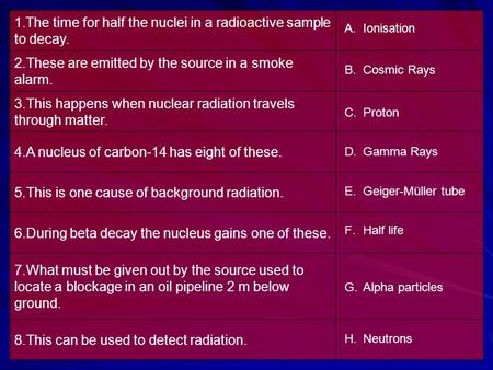 1.The time for half the nuclei in a radioactive sample to decay. 2.These are emitted by the source in a smoke alarm. 3.This happens when nuclear radiation.