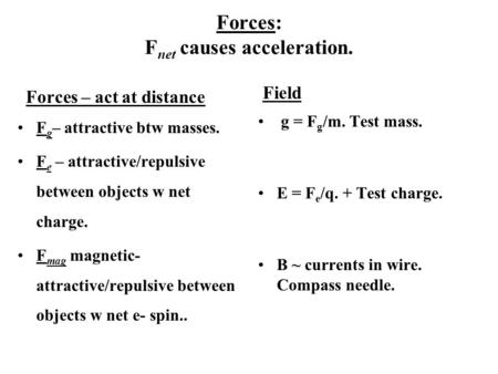 Forces: F net causes acceleration. Forces – act at distance F g – attractive btw masses. F e – attractive/repulsive between objects w net charge. F mag.