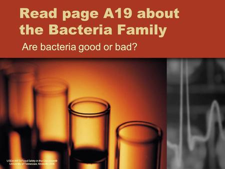 Read page A19 about the Bacteria Family Are bacteria good or bad? USDA NIFSI Food Safety in the Classroom© University of Tennessee, Knoxville 2006.