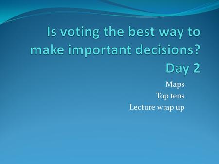 Maps Top tens Lecture wrap up. Allergies For our exemplar Please email me if you have concerns.