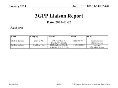 Doc.: IEEE 802.11-14/0154r0 Submission January 2014 S. Rayment, Ericsson & S. McCann, BlackBerrySlide 1 3GPP Liaison Report Date: 2014-01-22 Authors: