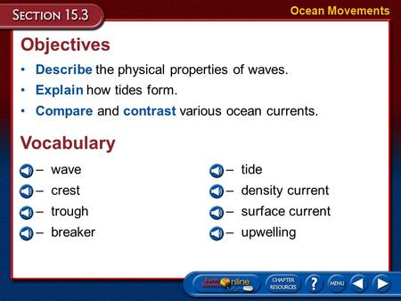 –wave –crest –trough –breaker Objectives Describe the physical properties of waves. Explain how tides form. Compare and contrast various ocean currents.