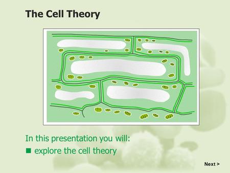In this presentation you will: explore the cell theory The Cell Theory Next >