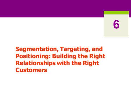 Segmentation, Targeting, and Positioning: Building the Right Relationships with the Right Customers 6.