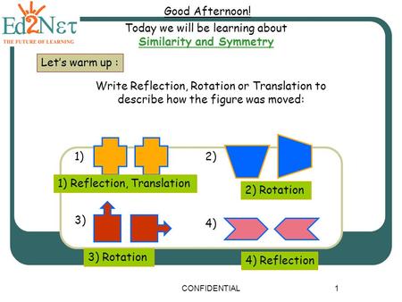 CONFIDENTIAL1 Good Afternoon! Today we will be learning about Similarity and Symmetry Let’s warm up : Write Reflection, Rotation or Translation to describe.