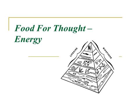 Food For Thought – Energy. Ecology the study of the RELATIONSHIPS of living things to EACH OTHER and their ENVIRONMENT (surroundings)