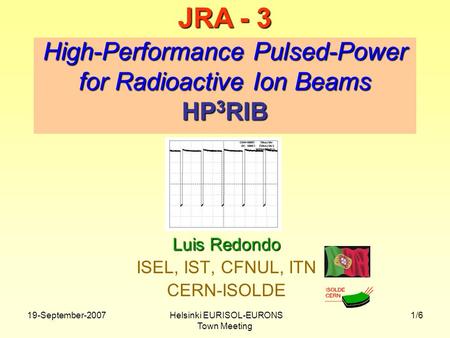 19-September-2007 Helsinki EURISOL-EURONS Town Meeting 1/6 High-Performance Pulsed-Power for Radioactive Ion Beams HP 3 RIB Luis Redondo ISEL, IST, CFNUL,