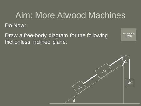 Aim: More Atwood Machines Answer Key HW 6 Do Now: Draw a free-body diagram for the following frictionless inclined plane: m2m2 m1m1 M θ Mg m2m2 m1m1 M.