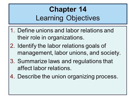 Chapter 14 Learning Objectives 1.Define unions and labor relations and their role in organizations. 2.Identify the labor relations goals of management,