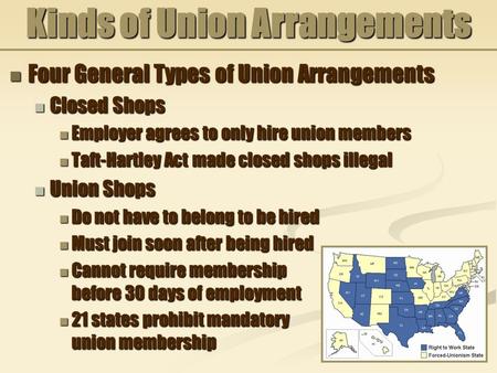 Kinds of Union Arrangements Four General Types of Union Arrangements Four General Types of Union Arrangements Closed Shops Closed Shops Employer agrees.