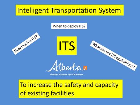 ITS What are the ITS applications? To increase the safety and capacity of existing facilities How much is ITS? When to deploy ITS? Intelligent Transportation.