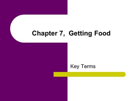 Chapter 7, Getting Food Key Terms. agriculture A form of food production that requires intensive working of the land with plows and draft animals and.