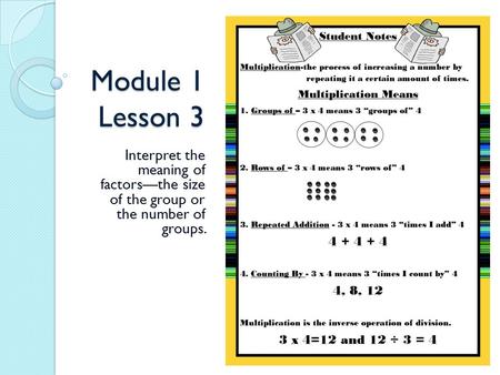 Module 1 Lesson 3 Interpret the meaning of factors—the size of the group or the number of groups.