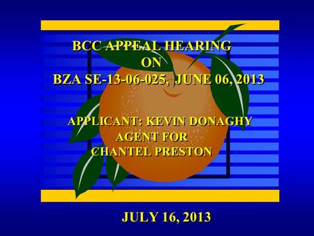 JULY 16, 2013 BCC APPEAL HEARING ON BZA SE-13-06-025, JUNE 06, 2013 APPLICANT: KEVIN DONAGHY AGENT FOR CHANTEL PRESTON.