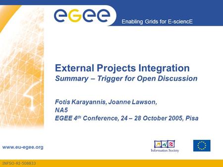 INFSO-RI-508833 Enabling Grids for E-sciencE www.eu-egee.org External Projects Integration Summary – Trigger for Open Discussion Fotis Karayannis, Joanne.