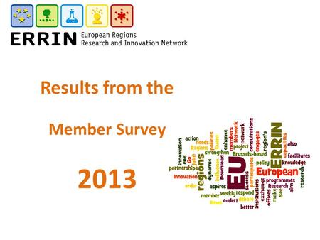 Results from the Member Survey 2013. Member Survey 2013 Positive 80% satisfaction level with ERRIN Positive view of Working Groups Positive view of ERRIN.