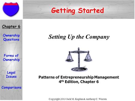 Copyright 2013 Jack M. Kaplan & Anthony C. Warren Setting Up the Company Patterns of Entrepreneurship Management 4 th Edition, Chapter 6 Getting Started.