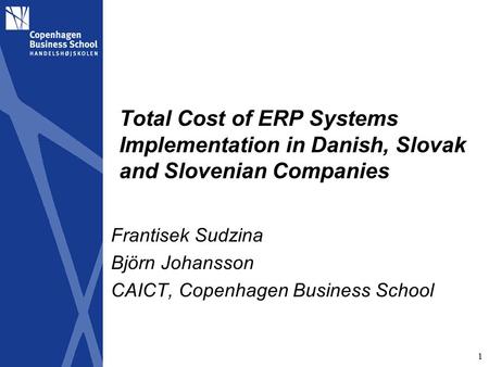 1 Total Cost of ERP Systems Implementation in Danish, Slovak and Slovenian Companies Frantisek Sudzina Björn Johansson CAICT, Copenhagen Business School.