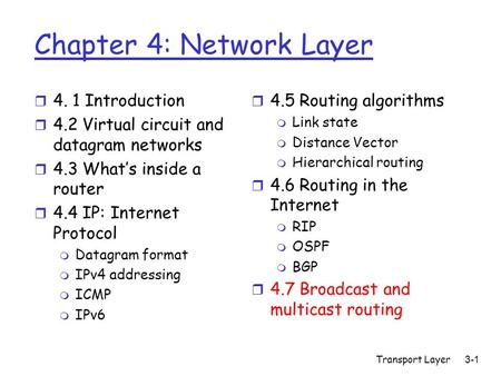 Transport Layer3-1 Chapter 4: Network Layer r 4. 1 Introduction r 4.2 Virtual circuit and datagram networks r 4.3 What’s inside a router r 4.4 IP: Internet.