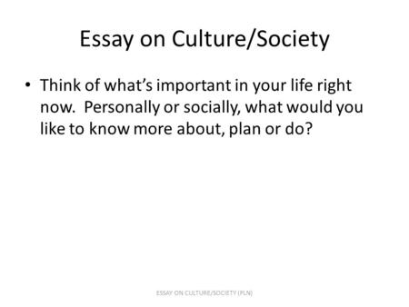 Essay on Culture/Society Think of what’s important in your life right now. Personally or socially, what would you like to know more about, plan or do?