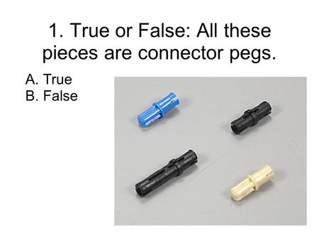1. True or False: All these pieces are connector pegs. A. True B. False.