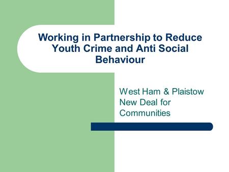 Working in Partnership to Reduce Youth Crime and Anti Social Behaviour West Ham & Plaistow New Deal for Communities.