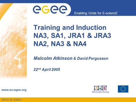 INFSO-RI-508833 Enabling Grids for E-sciencE www.eu-egee.org Training and Induction NA3, SA1, JRA1 & JRA3 NA2, NA3 & NA4 Malcolm Atkinson & David Fergusson.