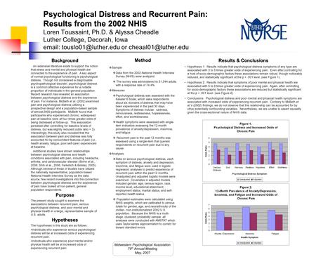 Psychological Distress and Recurrent Pain: Results from the 2002 NHIS Psychological Distress and Recurrent Pain: Results from the 2002 NHIS Loren Toussaint,